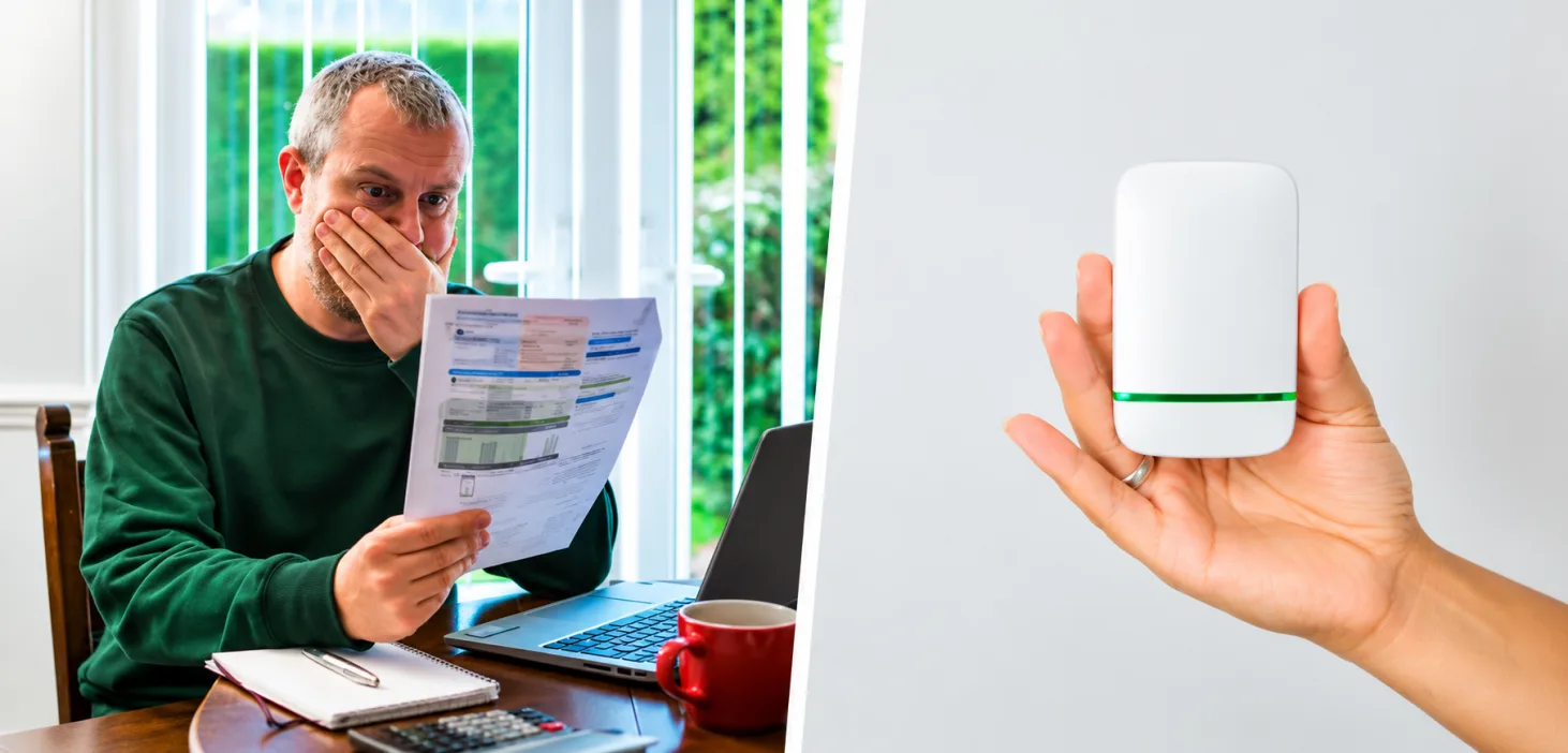 Man reviewing a high electricity bill next to the EcoWatt Power Saver device